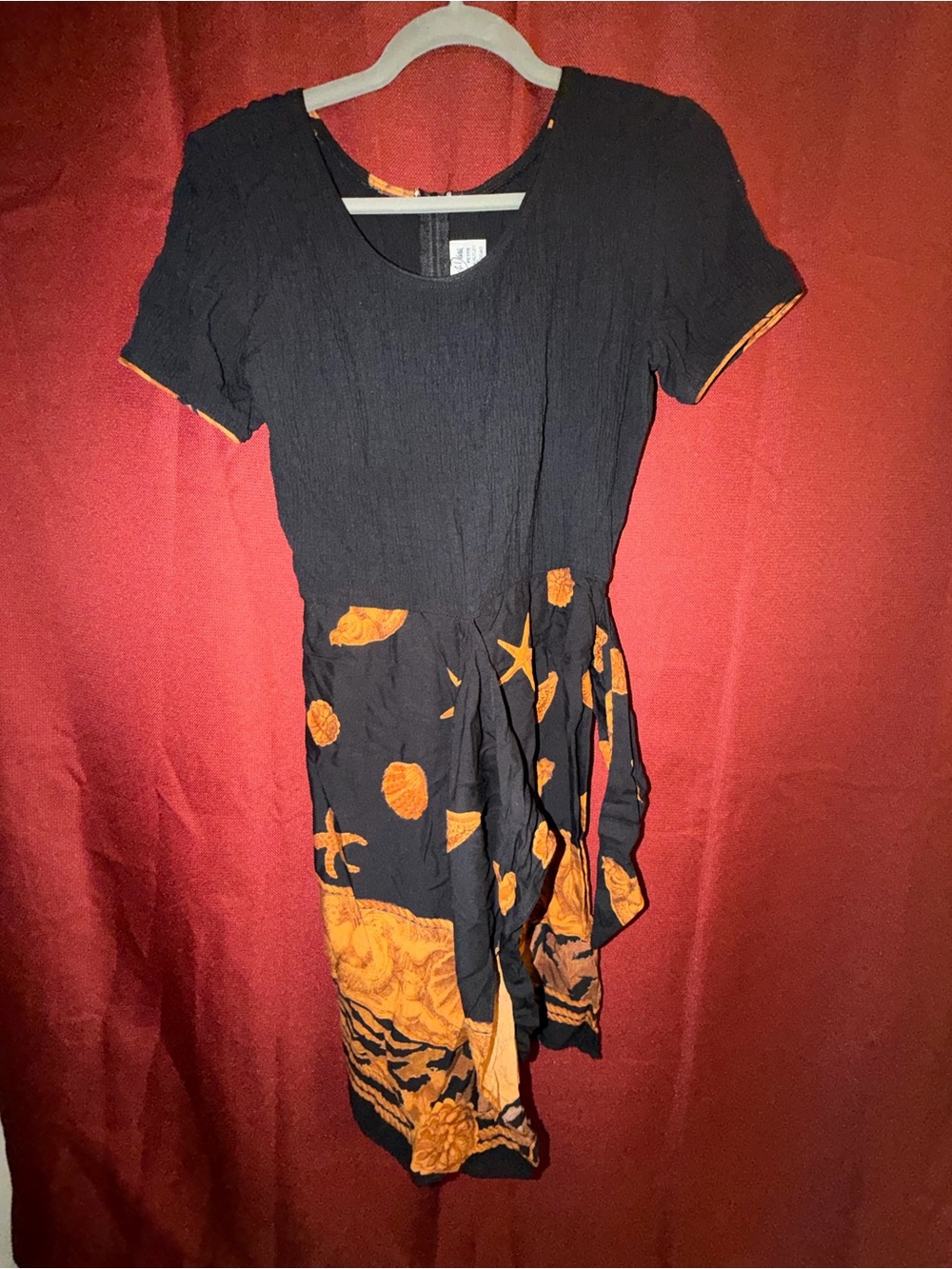 Black Mini Dress with Orange Floral & Sea Print